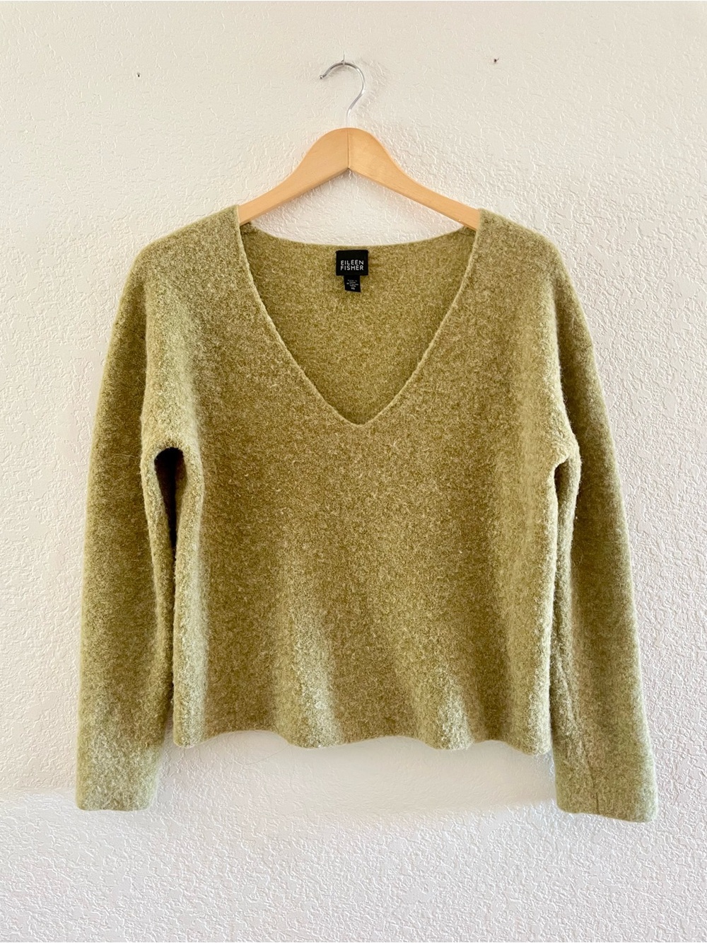 Eileen Fisher Wool Alpaca V Neck Sweater Chartreuse XS Cozy Fall Natural Fibers